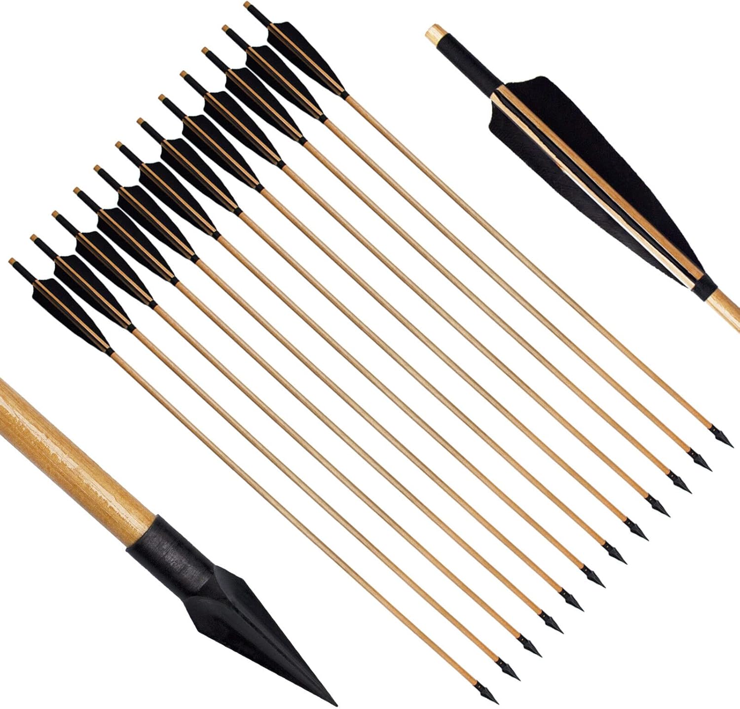 33" Archery Wooden Arrows with Turkey Feather and Sharp Iron Tips for Recurve Bow Longbow Hunting