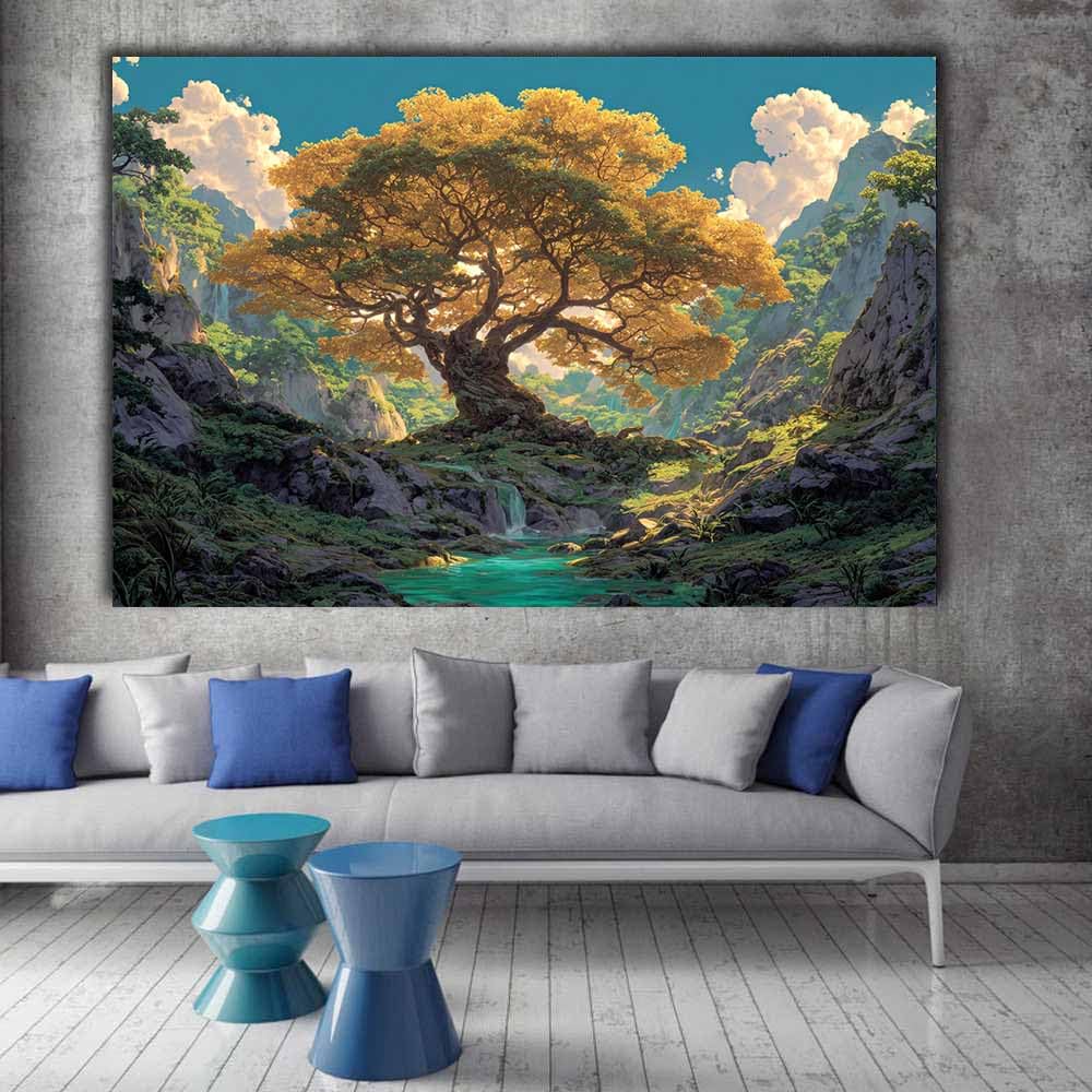ZAMAEIU Drzewo życia na ścianie drzewo życia na klifie nowoczesny obraz na płótnie, do salonu, zagłówka, sypialni, kuchni, biura (żółty)-50 x 70 cm oprawiony