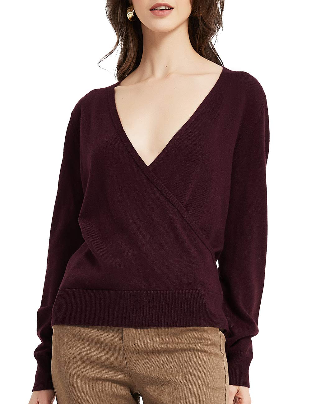 KallspinWomen's Wool Blended Sweater Jumper Wrap Front V Neck Long Sleeve Knitted Pullover
