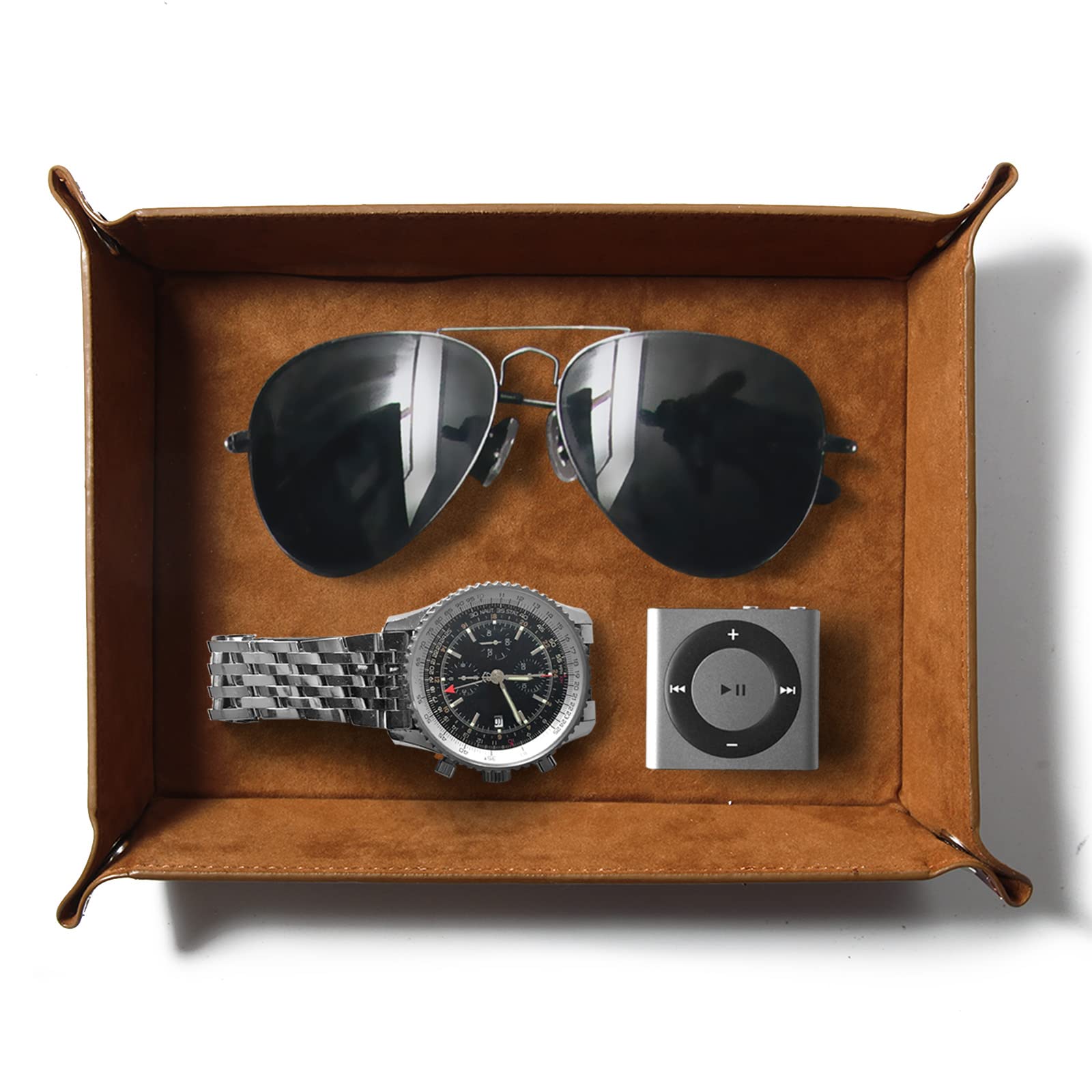 YENZEEN Leather Valet Tray for Men Pu Catchall Tray for Men and Women Nightstand Jewelry Tray Dresser Desk Storage Organizer Bedside Cat All Tray Wallet Keys Phone Watch Coin Leather Tray Brown