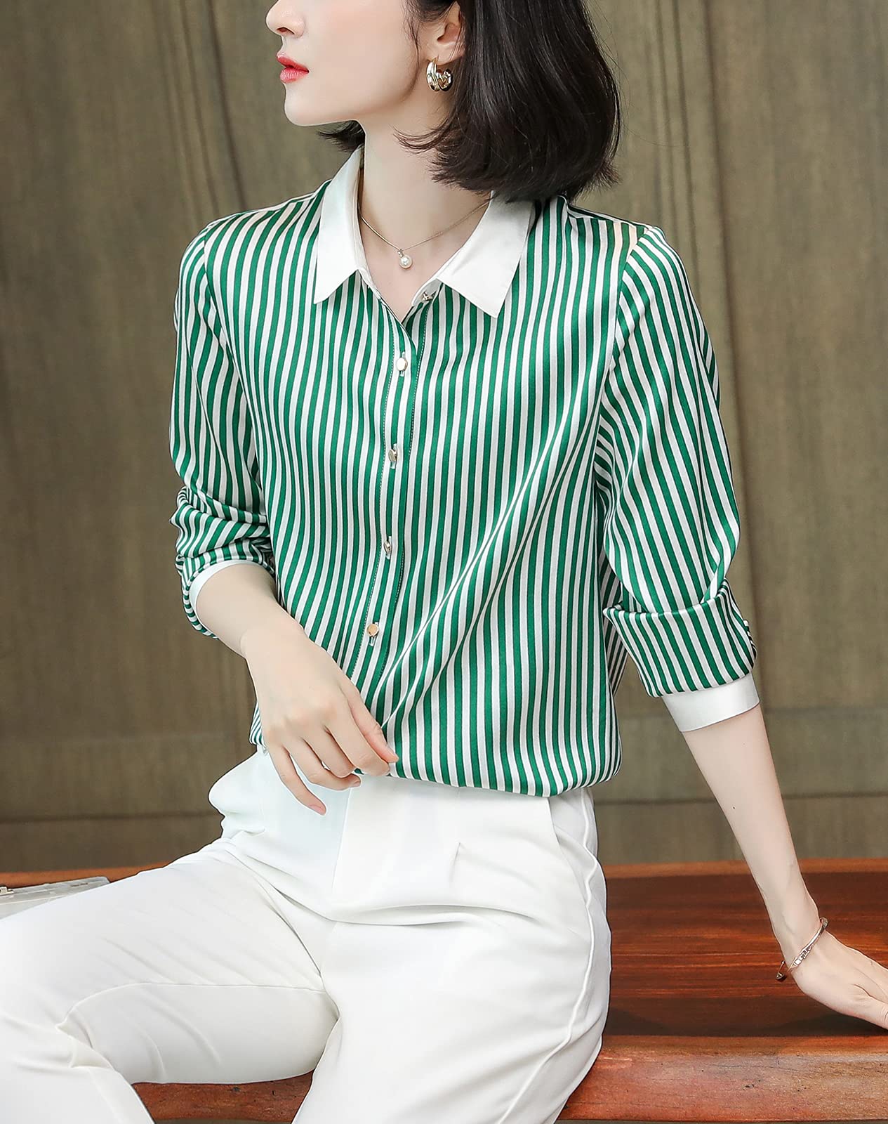 Valin Chemise Soie Rayures Col Revers Contrasté Manches