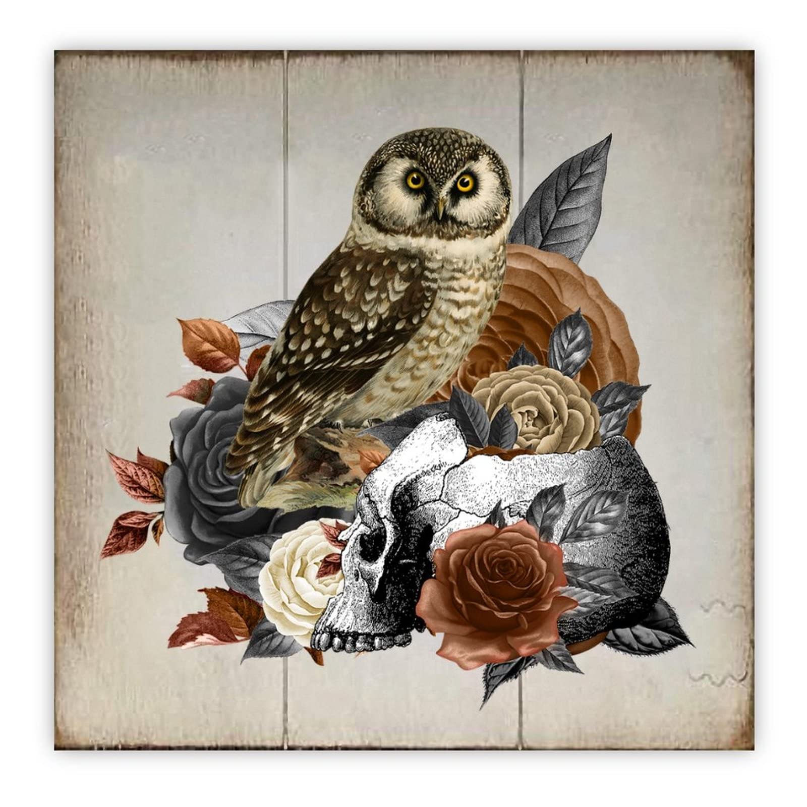 Panneau mural bois Halloween crâne chouette déco vintage 30x30
