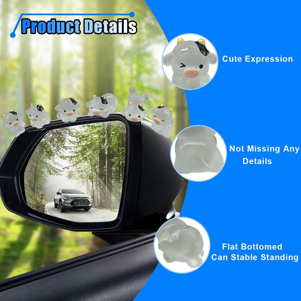 6PCS Cute Cow Car Rear View Mirror Ornaments, Funny Luminous Car Dashboard Decoration Set, Mini Resin Center Console Decoration, Cartoon Figurine Car Interior Accessories for Women Men (Clear White) image 3