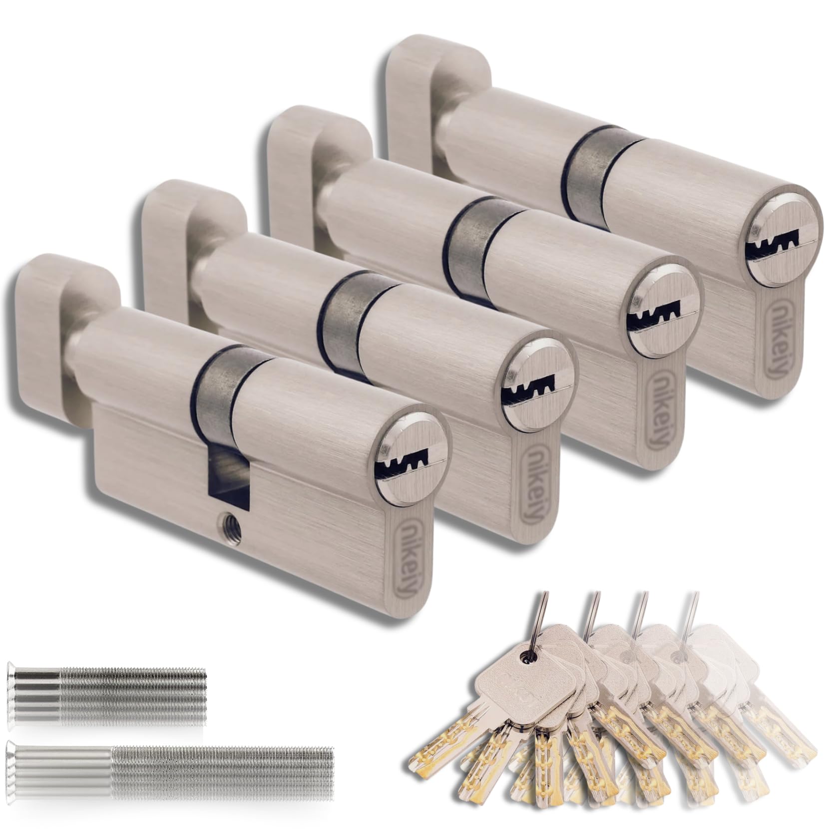 Lot de 4 cylindres pour serrures en laiton 30/30 mm, cylindre avec bouton, vis et clés incluses, facilement montable, serrure pour portes et garages, clé unique, longueur 60 mm