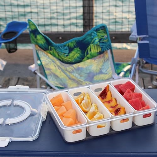 Miniatura 6 de Contenedores divididos de almacenamiento de frutas para refrigerador, bandeja dividida transparente para servir con tapa y asa, contenedor de 4