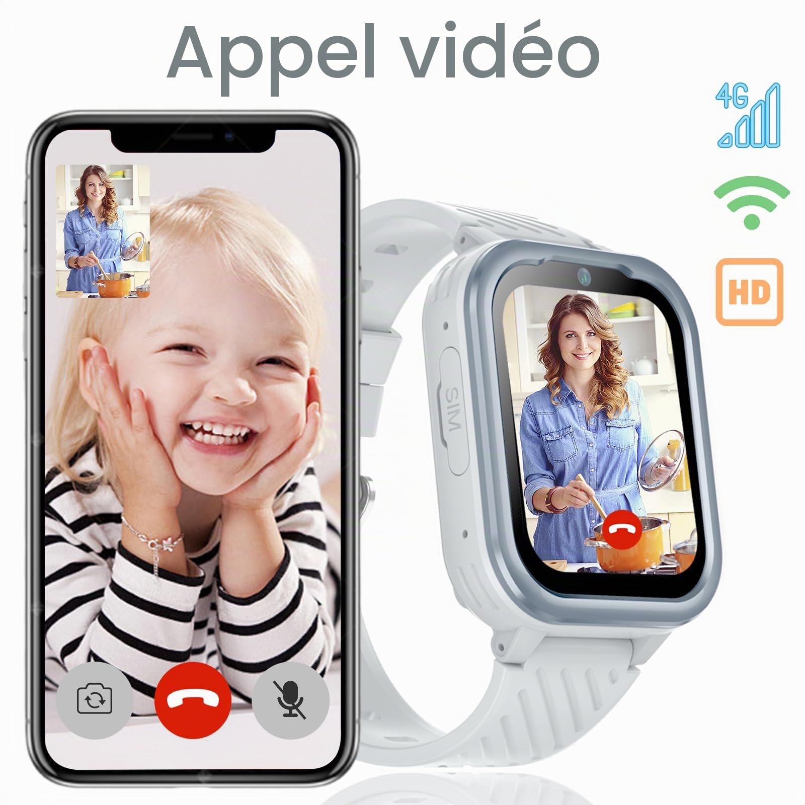 Montre Connectée Enfant 4G/GPS/WiFi/Appel Vidéo/SOS, Cadeaux Montre Connectée Garçons Filles avec Appareil Photo, Musique, Bluetooth, Mode Classe, Réveil, Pédomètre.