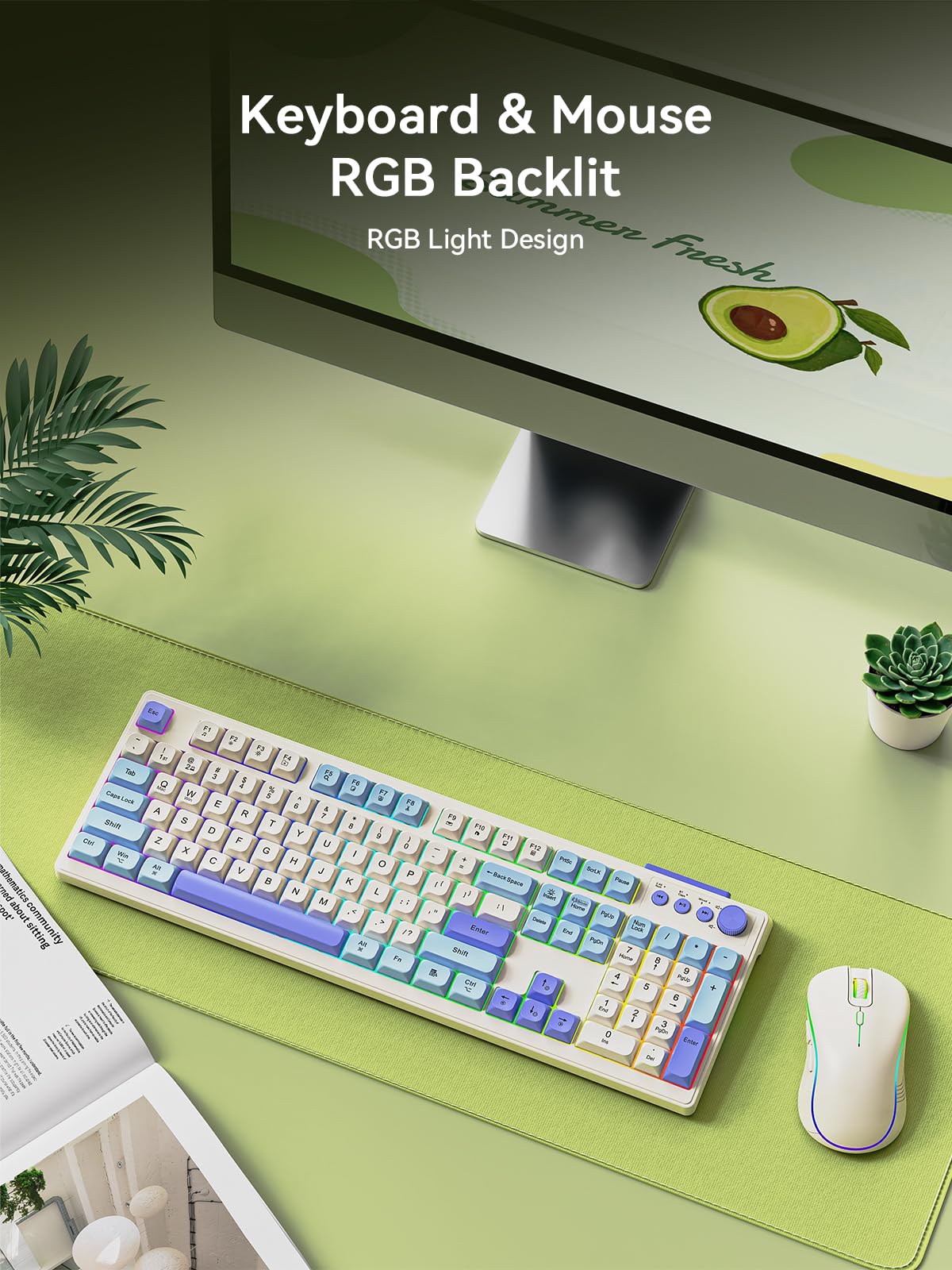 XISOGUU Combo de teclado y mouse inalámbricos Bluetooth, batería recargable de 2000 mAh, retroiluminación RGB, teclado antighosting con sensación mecánica + ratones 6D 4800DPI para PC