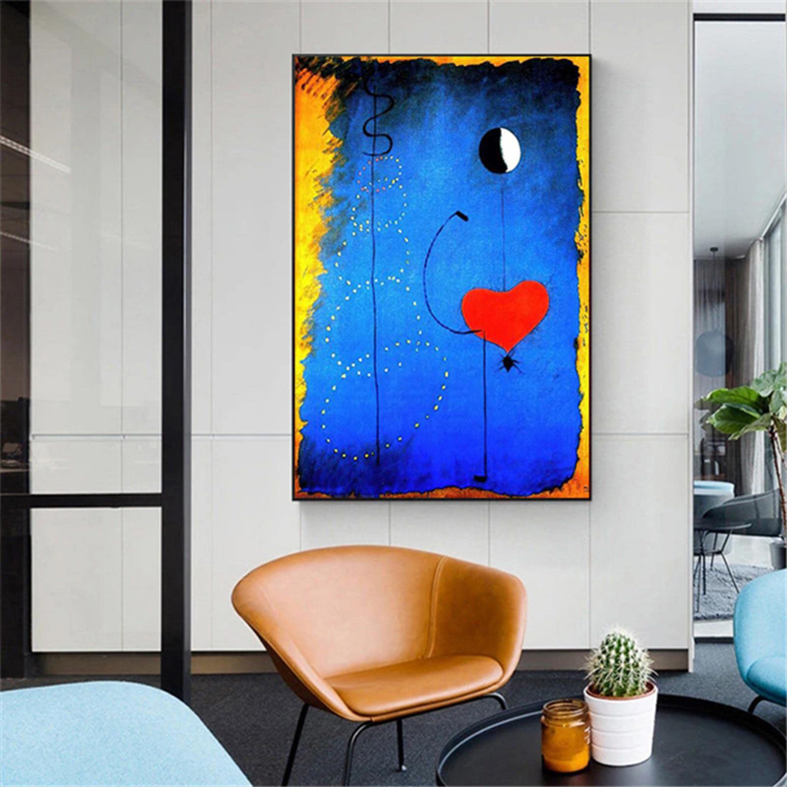 Stampa artistica su tela con cuori e ballerini Joan Miro Astratto Quadro da parete blu Soggiorno Decorazione della casa Poster 50 x 70 cm Cornice interna