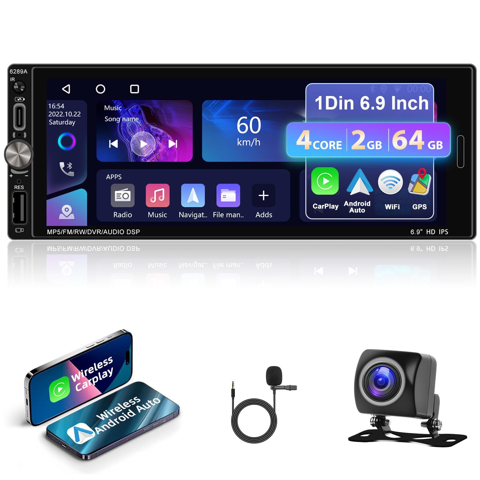 Autoradio 1 Din Android Auto Wireless Motorsi - Schermo 7", 4GB RAM, 64GB, CarPlay, GPS, DSP + Telecamera