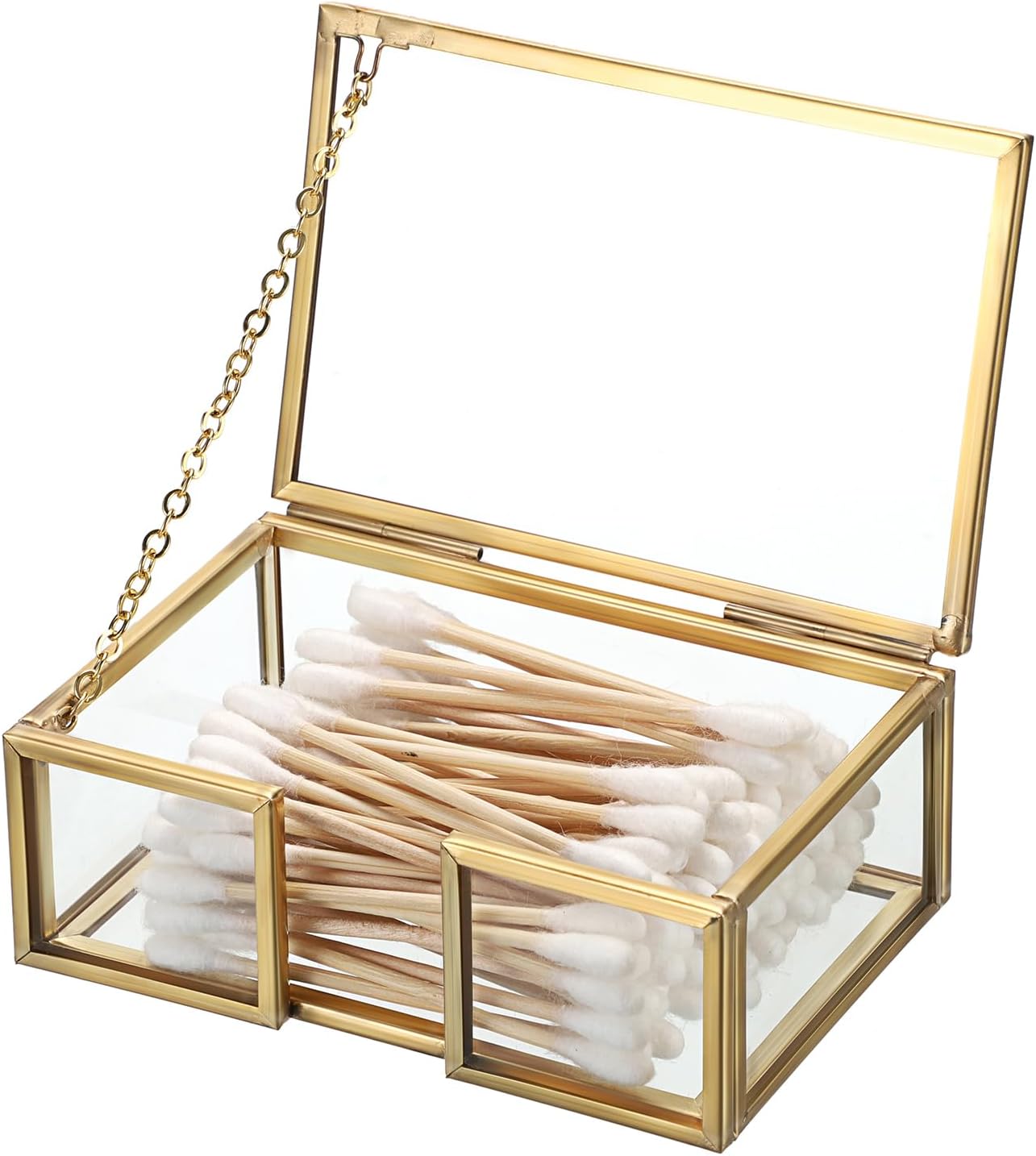 Cotton Swab Holder Small Qtip Dispenser Glass Bathroom Accessories Storage Canister for Dental Floss Pick Organizer Box, 4.1" L x 2.8" W x 1.5" H