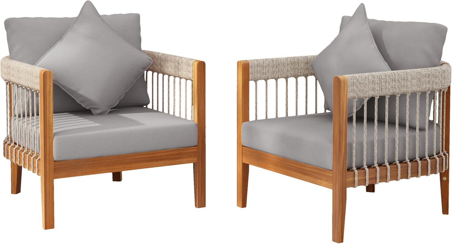 Set of 2 Acacia Wood Outdoor Club Chairs with Handwoven Rope Accents, Curved Backrest, and Removable Water-Resistant Cushions for Patio, Porch, or Garden