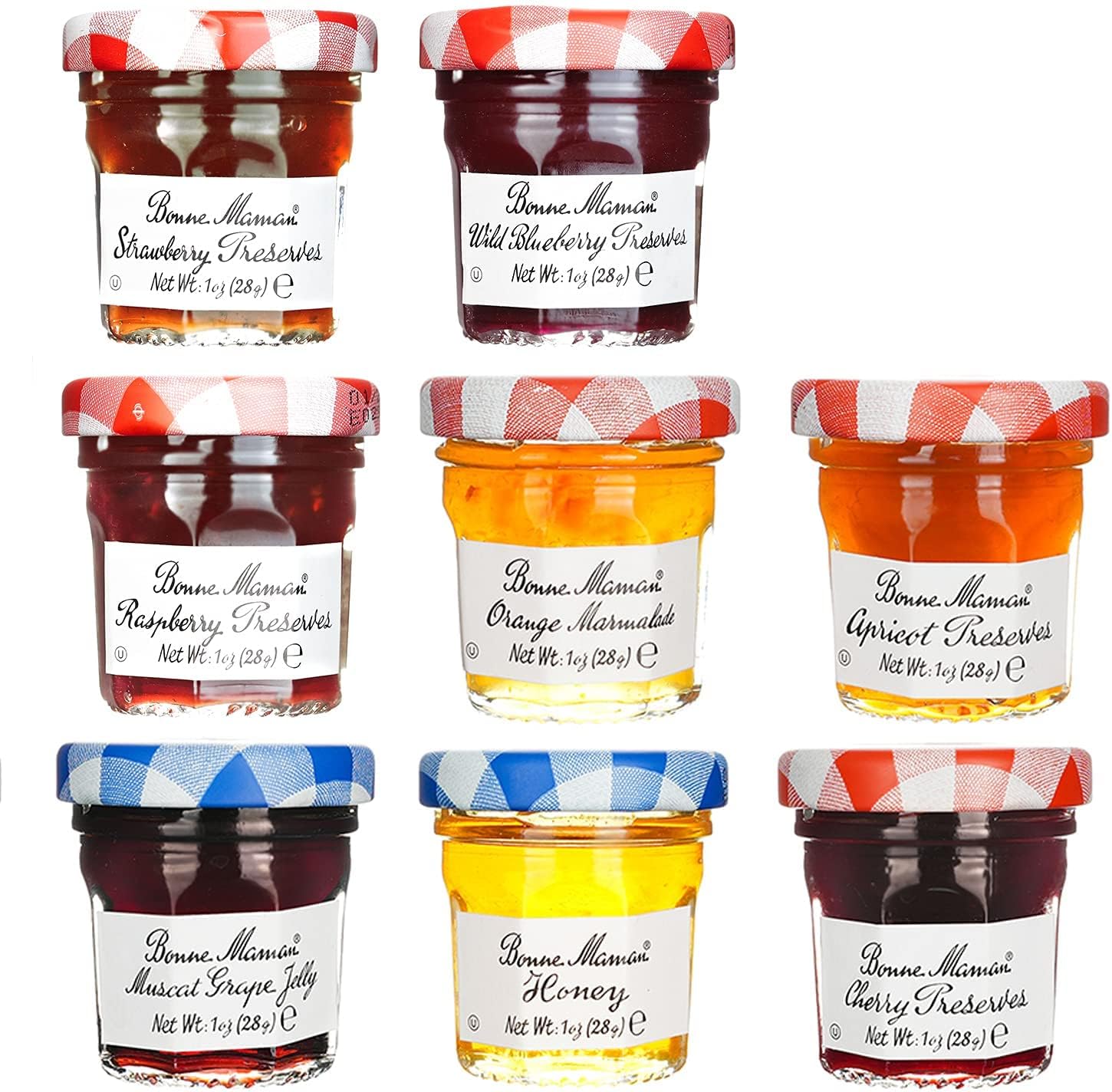 Bonne Maman Assorted Preserves - Strawberry, Apricot, Raspberry, Orange, Cherry, Honey, Grape, Blueberry - 8 jars x 1 oz