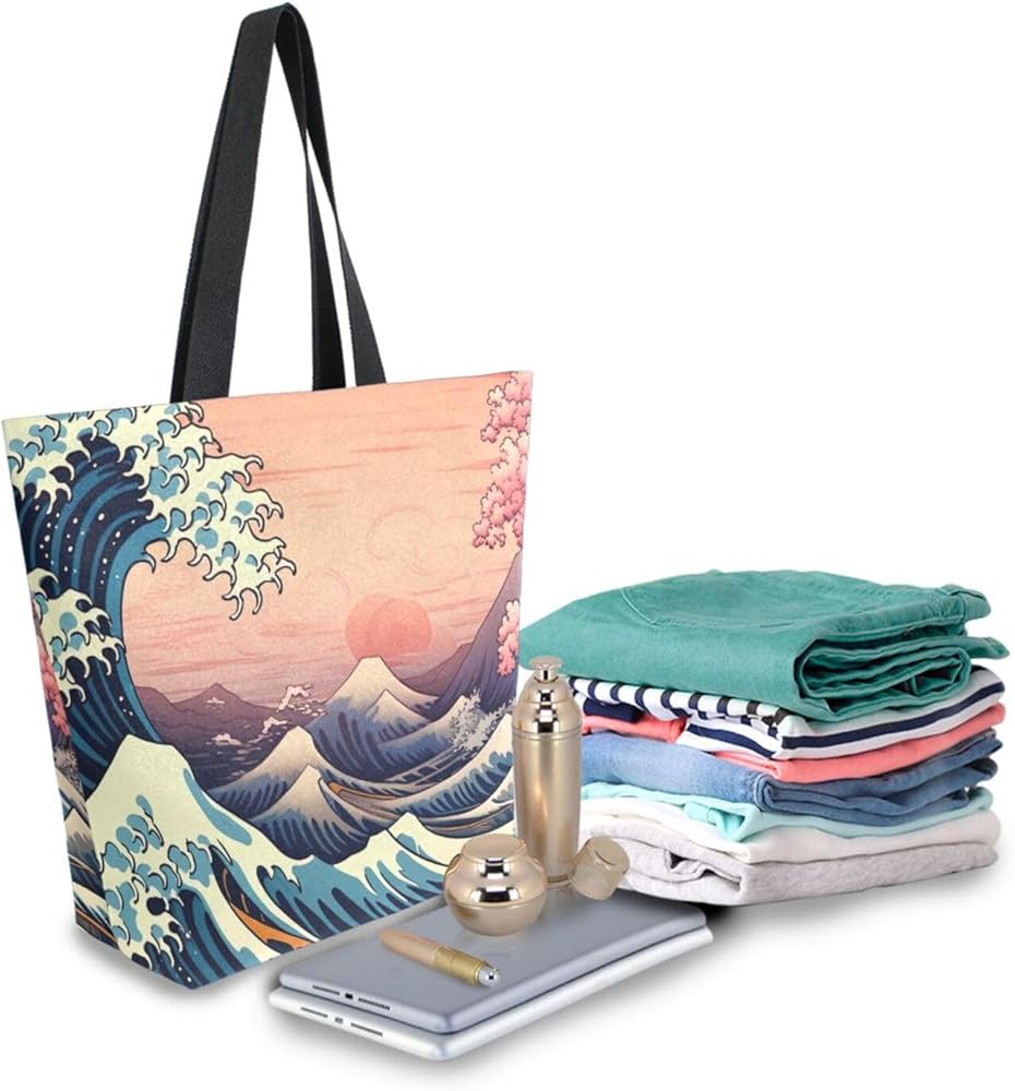 Amazon.com: Japanese Sea Wave Cherry Blossoms Canvas Tote Bag