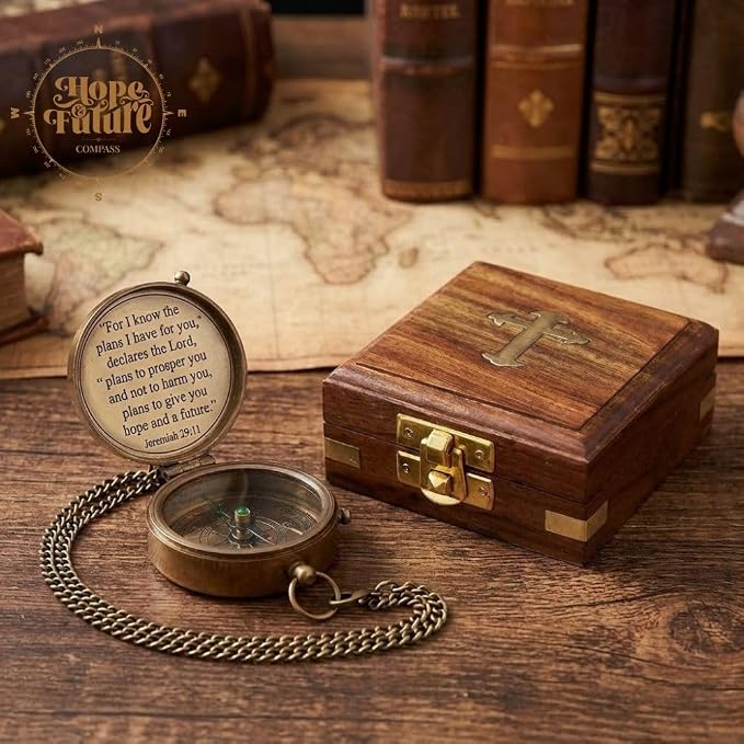 Brújula Vintage de Latón con Caja de Madera 3.5" miniatura 9