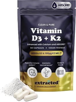 Vitamin D3 K2 - High Strength Vitamin D3 4000IU & K2 MK-7 100 g | with Vitamin C & Calcium - Vegan Vitamin D3 from Lichen - D3 and K2 Vitamin Supplement, 60 Vegan Capsules