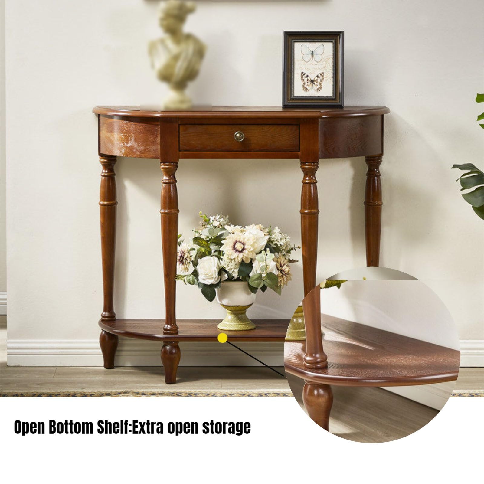 Table Console en Bois Massif avec Tiroir, Table d'Entrée Demi Lune