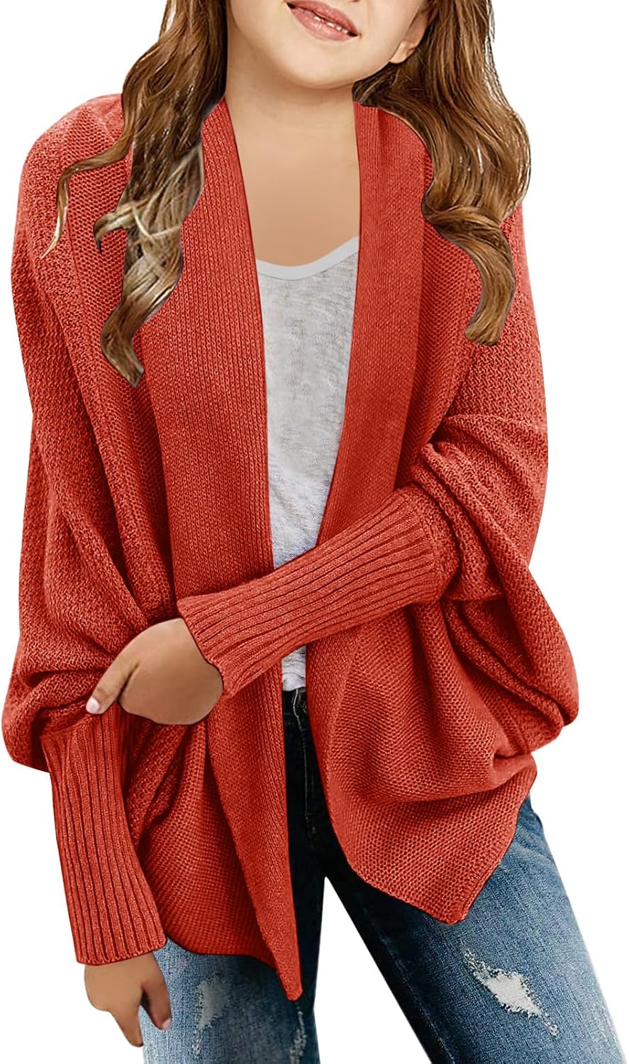 Girls Open Front Cardigan Sweaters Batwing Long Sleeve Shawl Collar Ribbed Knit Winter Coats