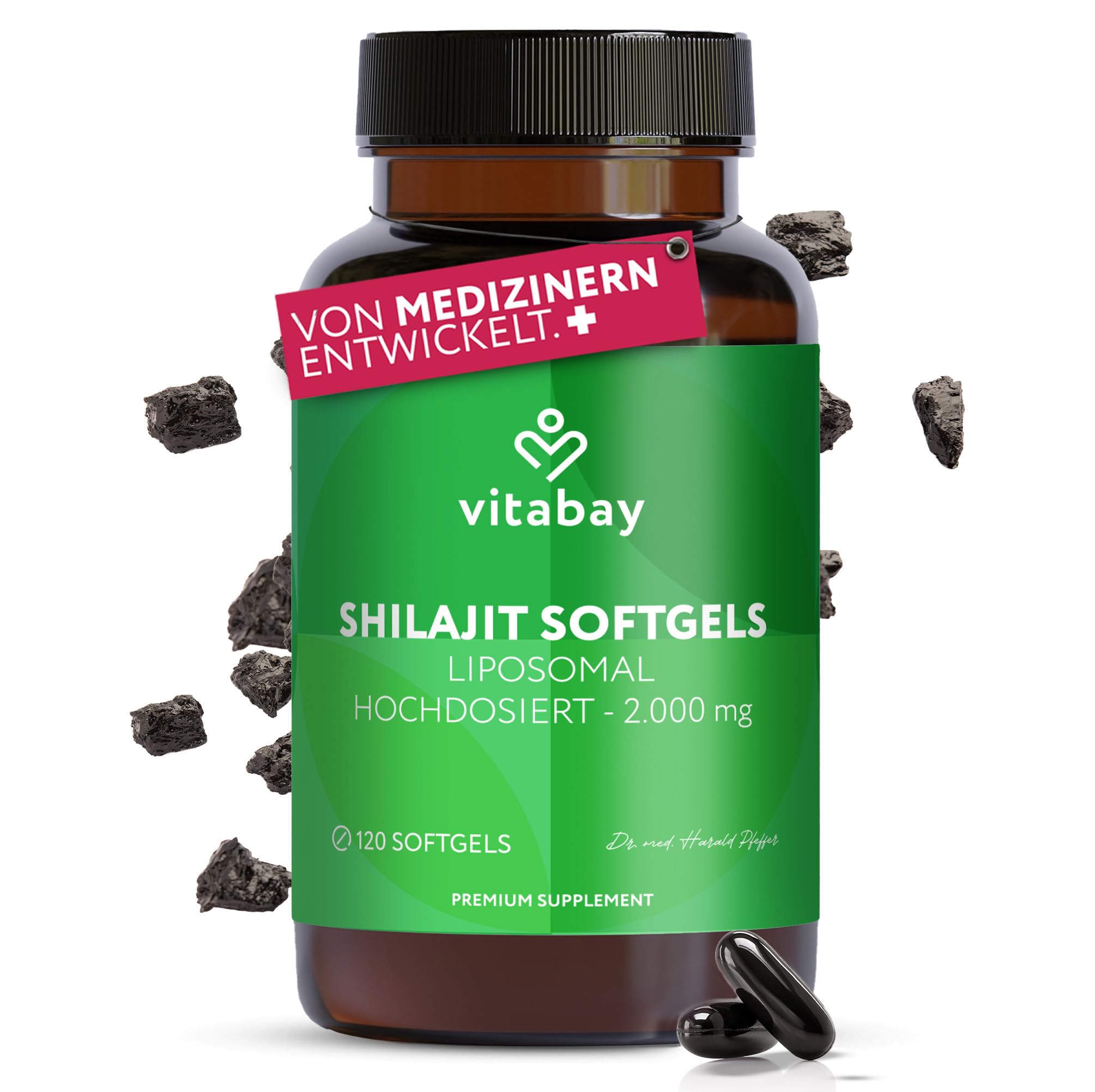 Vitabay Mumijo Shilajit Kapseln – 120 vegane Softgels – hochdosiert mit 2.000 mg liposomalem Shilajit pro Tagesdosis – 80% Fulvinsäure & 12% Huminsäure – laborgeprüft in Deutschland