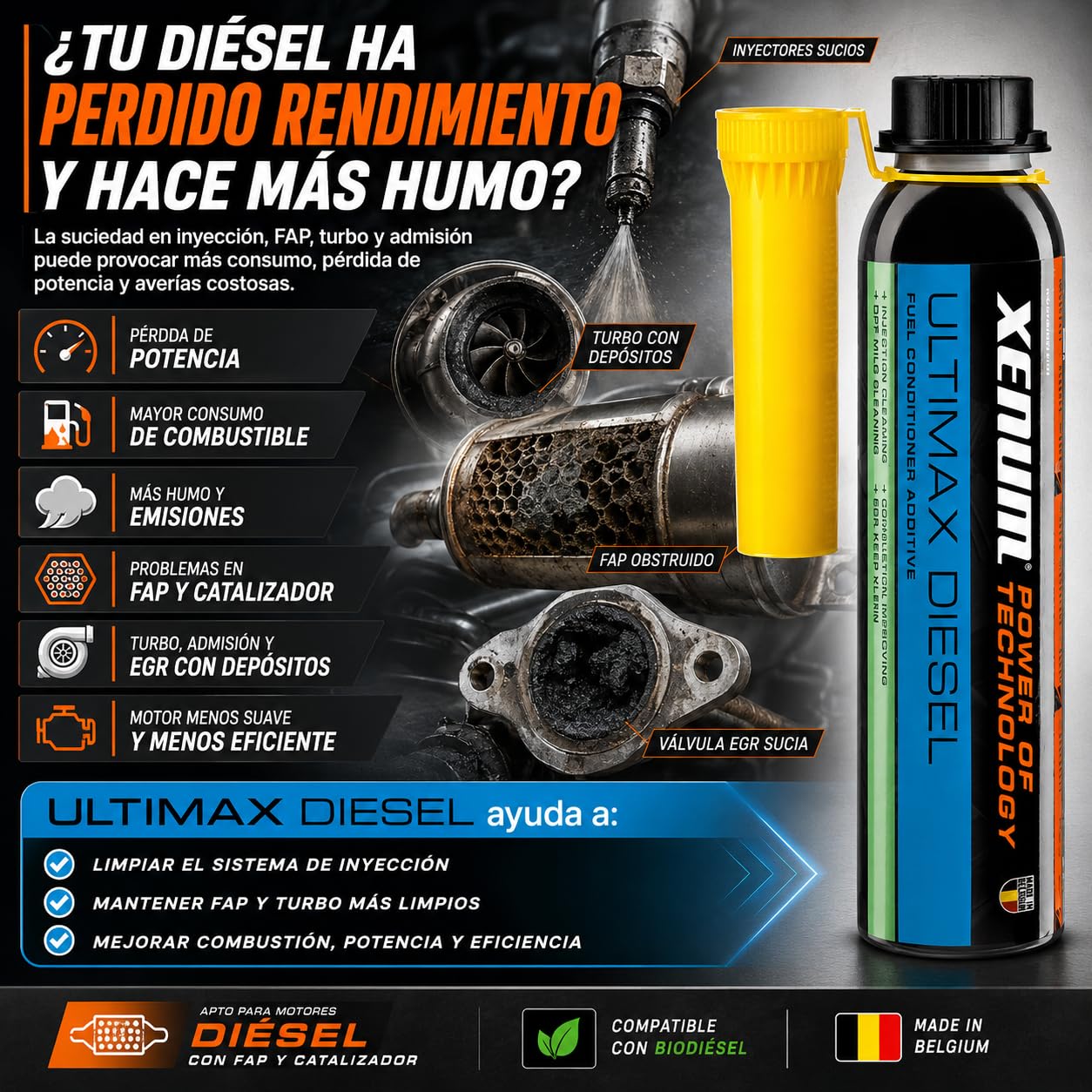 Xenum Ultimax Diesel Acondicionador Definitivo para Combustible Diésel, 300 ml, Limpia Inyectores, FAP, Turbo y EGR, Mejora Potencia y Consumo, Reduce Humo y Emisiones, Compatible con Biodiésel
