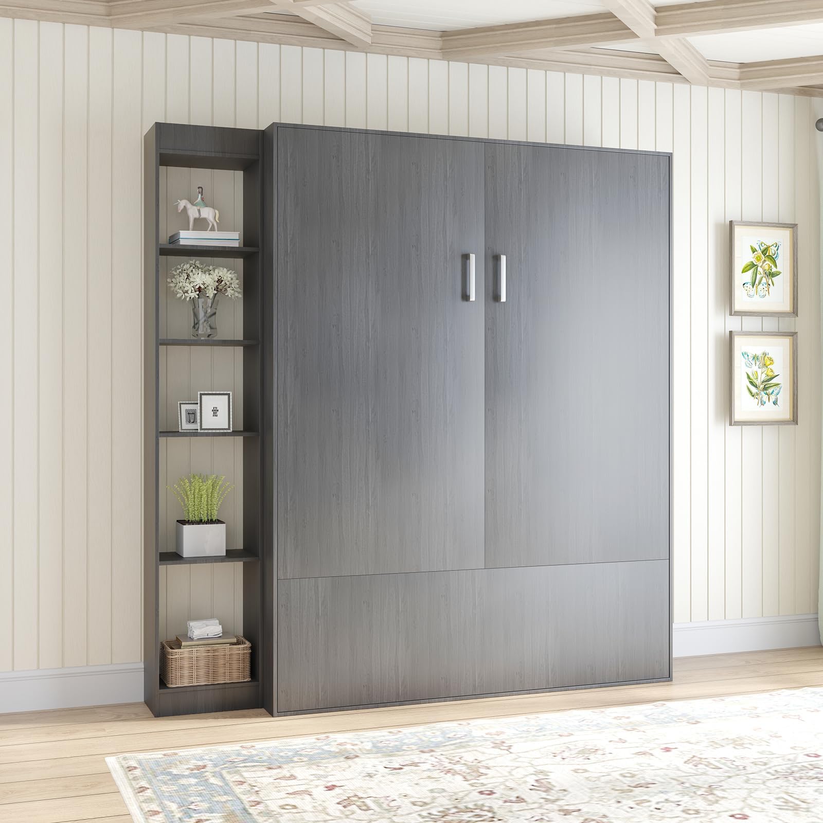 BALUS 81" W Murphy Bed with High Capacity Storage Chest, Fold-Up Hidden Murphy Wall Bet, Queen Size Cube Cabinet Bed, Space Saving Solid Wood Beds for Guest Room Bedroom Apartment - Dark Grey