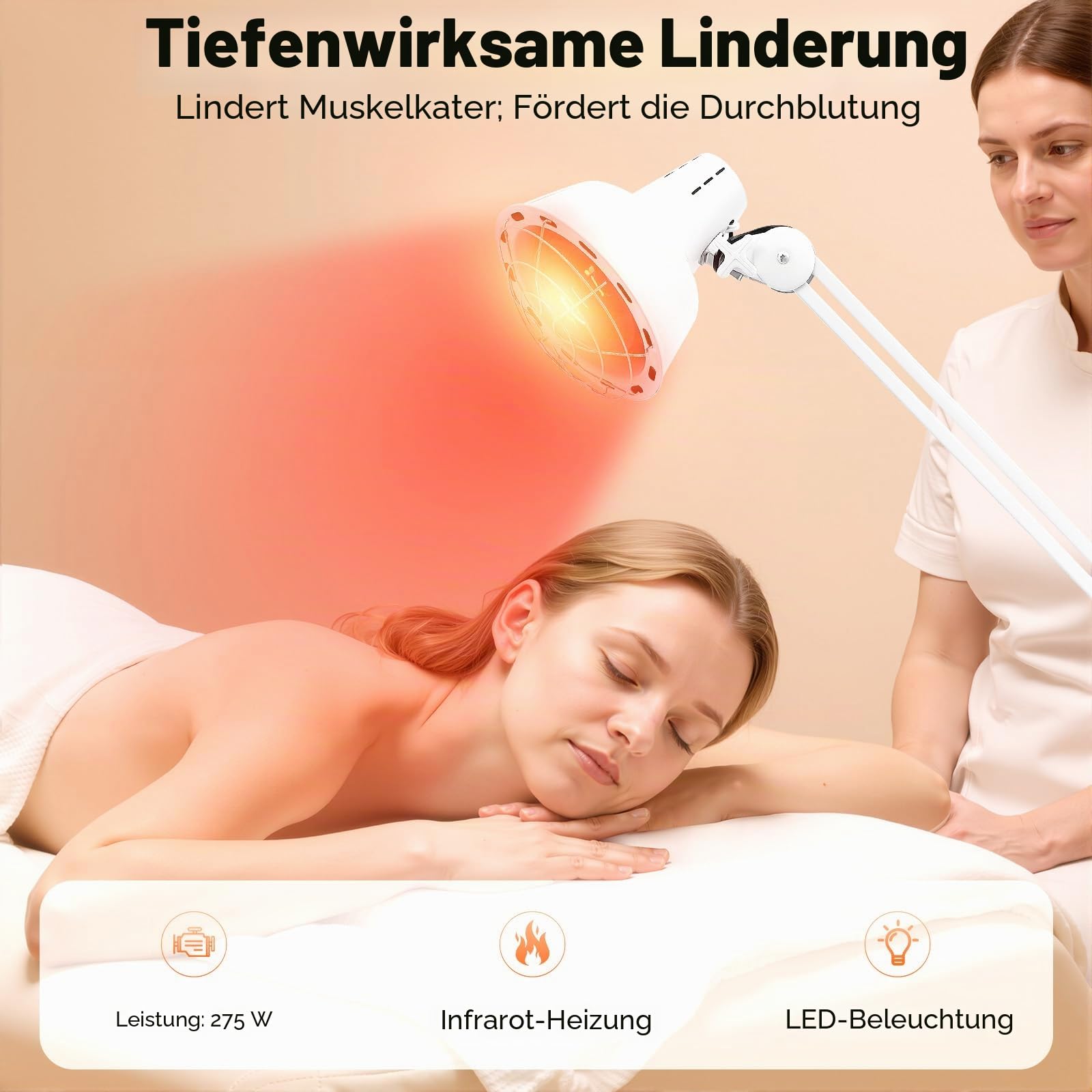 MINRS Infrarotlampe 275W Rotlichtlampe Wärmelampe Temperatur Einstellbar Rotlicht Lampe Therapie mit Zeitmessgerät Infrarotlicht für Linderung von Schmerzen in Körperteilen, Wundheilung, Weiß