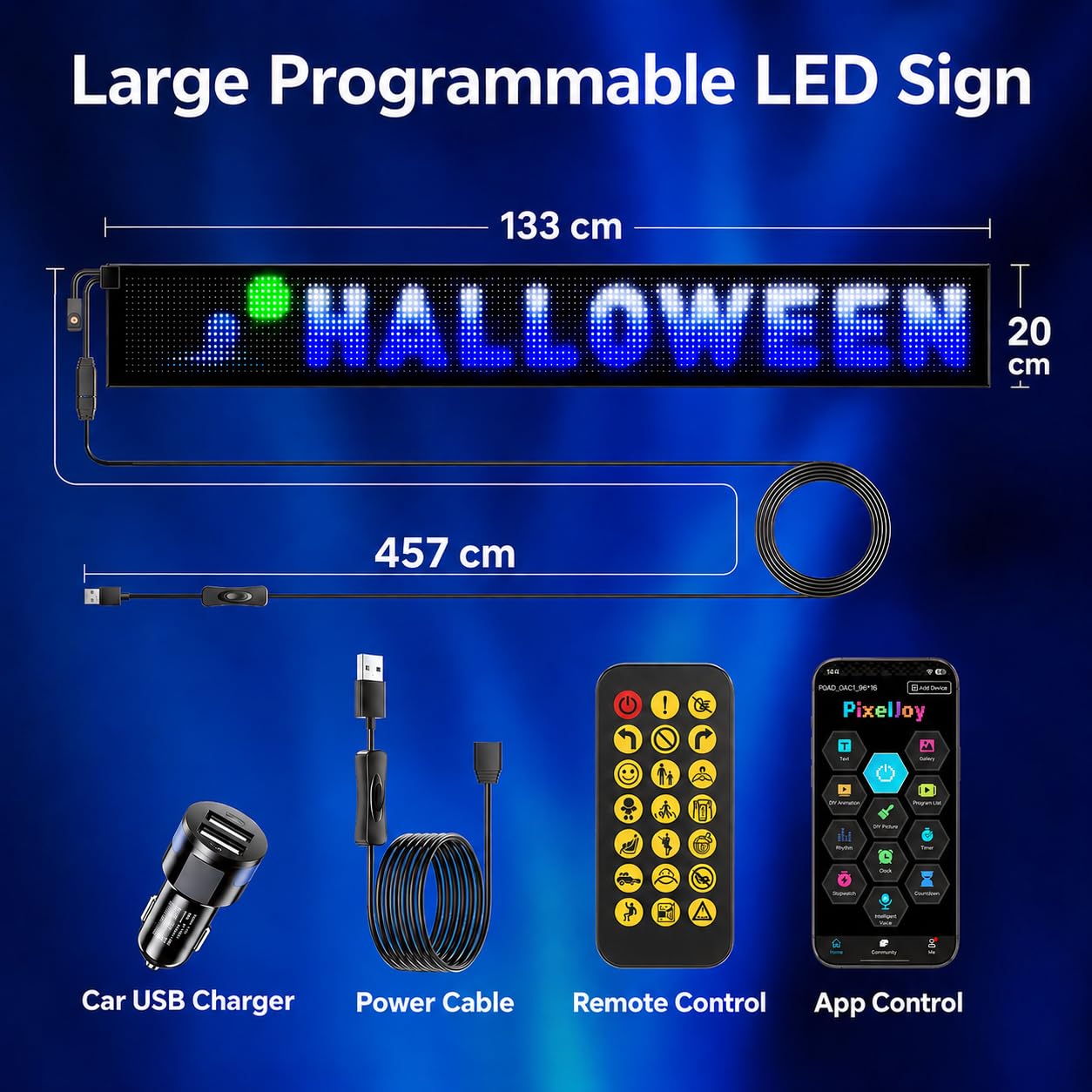 Programmierbare RGB LED-Anzeigetafel 133 × 20 cm mit App & Fernbedienung | Extra breites RGB-Display für lange Lauftexte, Werbung und Animationen in Schaufenstern, Shops, LKW und auf Events.