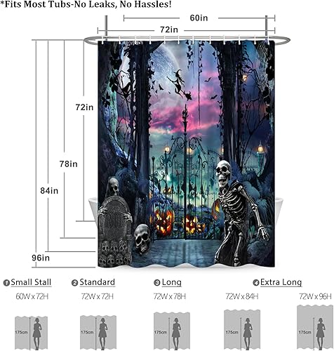 Miniatura 5 de Renaiss Juego de cortina de ducha de Halloween de 72 x 72 pulgadas, diseño de esqueleto, cementerio, puerta de hierro, cortina de ducha de baño,
