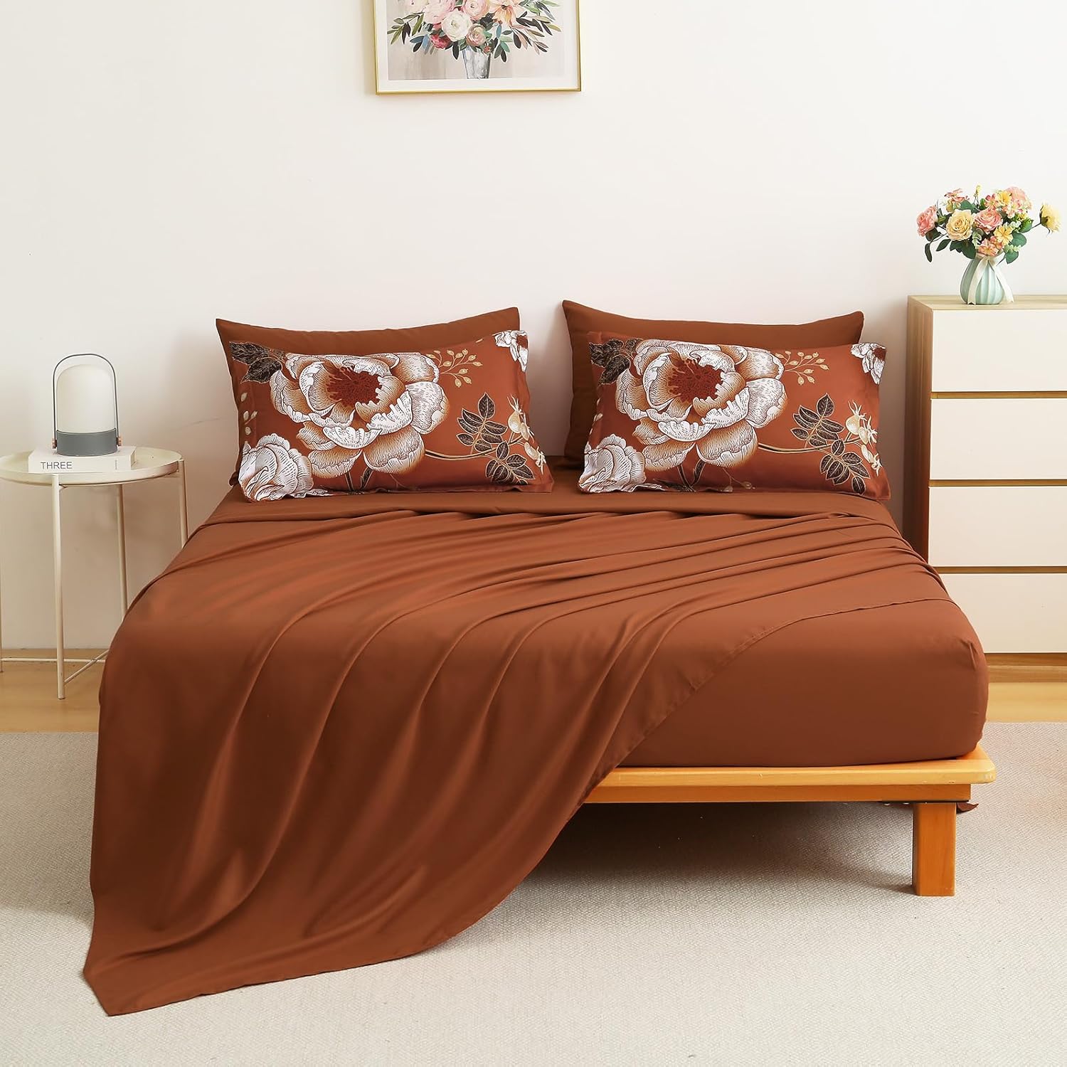 Luxudecor Floral Comforter Set Queen Size 7 Pieces Bed in a Bag,Flower Print on Terracotta Bedding Set,Soft Microfiber Bedding Set for All Season (Terracotta,90"x90") - Image 8