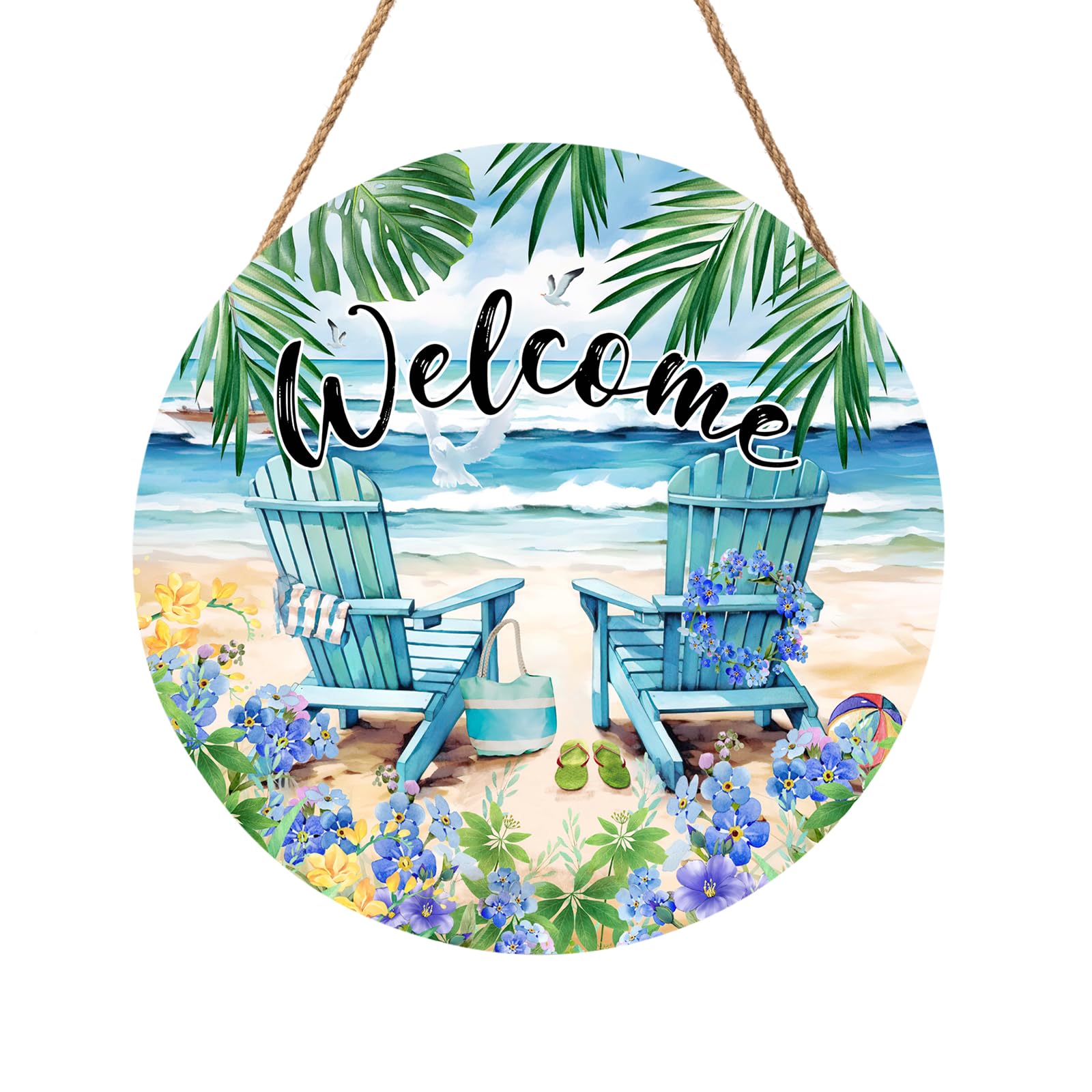 Welcome Summer Sea Chair Front Door SignFlower Wall Hanging Round Door Hanger Farmhouse Coastal Beach Wooden Wreath for Front Door Hello Summer Outdoor Outside Porch Decor 12"X12"