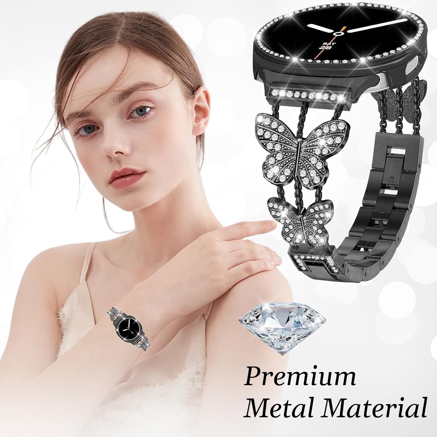 Bling Band with Case Compatible for Samsung Galaxy Watch 8 40mm 44mm, Women Diamond Butterfly Metal Bracelet Rhinestone Strap with Protector Case - Image 6