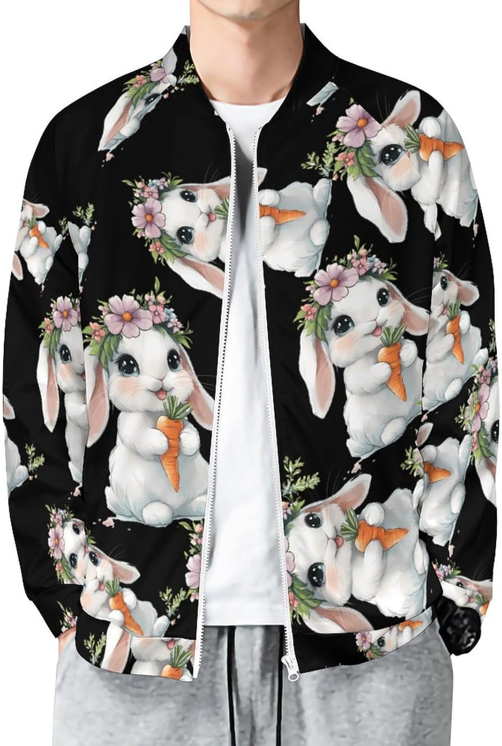 Funny Rabbitees Men's Zip Up Sweatshirt Casual Sweater Jackets Long Sleeve Tops Lightweight Coat