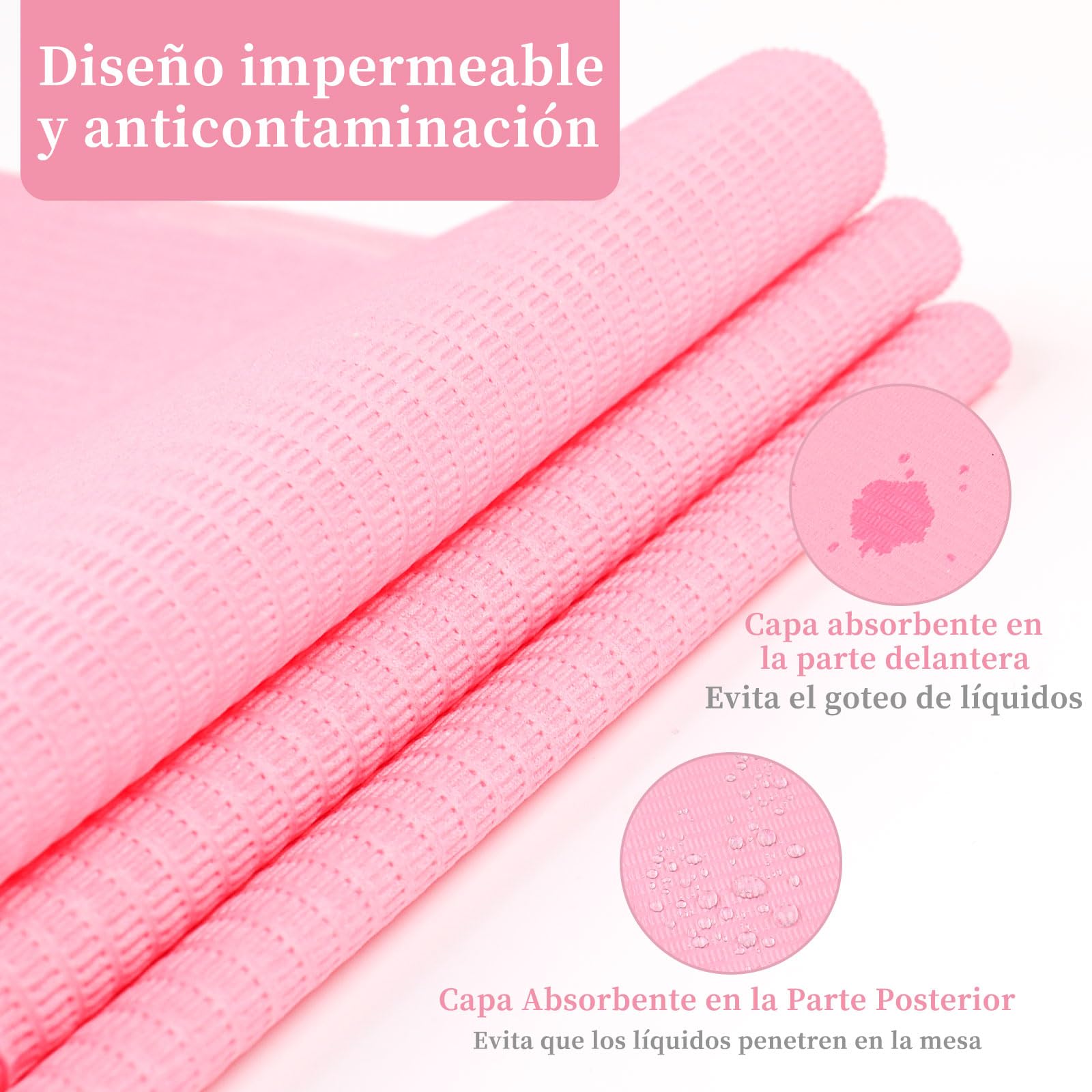 Alfombrilla Desechable de Mesa del Arte de Uñas, Alfombra de 3 Capas Hoja de Papel Estera para Decoración de Uñas, Almohadilla Absorbente del Arte para el Salón Tatuaje Baberos Dental (Rosado)