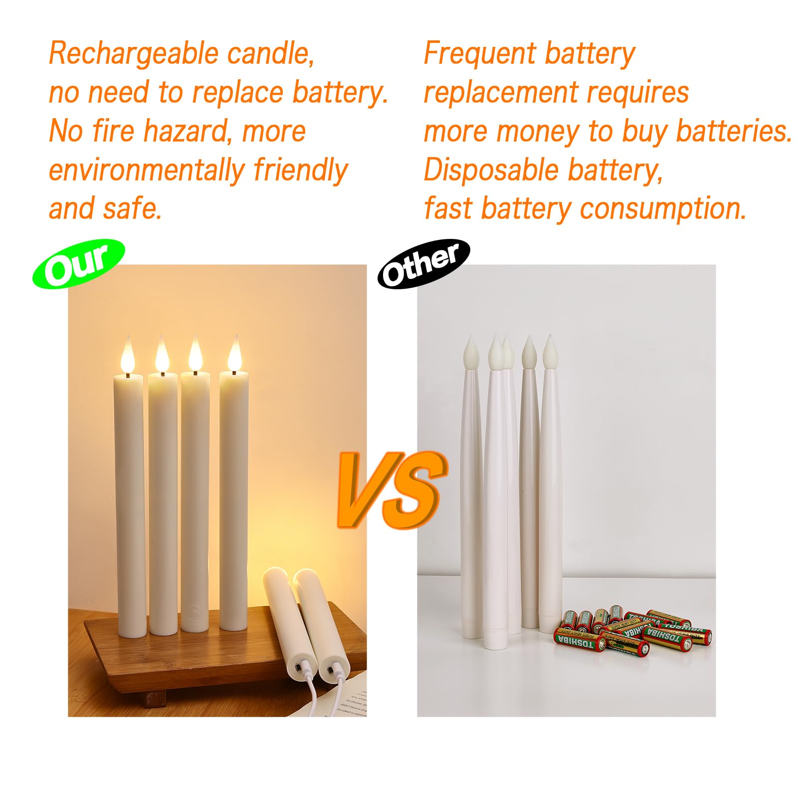 Lot de 9 bougies coniques rechargeables sans flamme avec télécommande et minuteur, 2,2 x 23,4 cm, LED à piles vacillantes réalistes pour la maison, mariage, Halloween, Noël