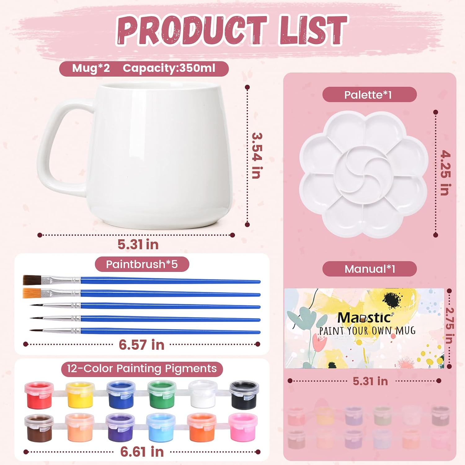 Maustic Mug Painting Kit, Paint Your Own Mug Kit, 2 Pcs Ceramic Mugs to Paint, Mothers Day Fathers Day Valentine's Day DIY Gift Kits, Includes 2 Paintable Mugs 12 Oz, Paints, Brushes