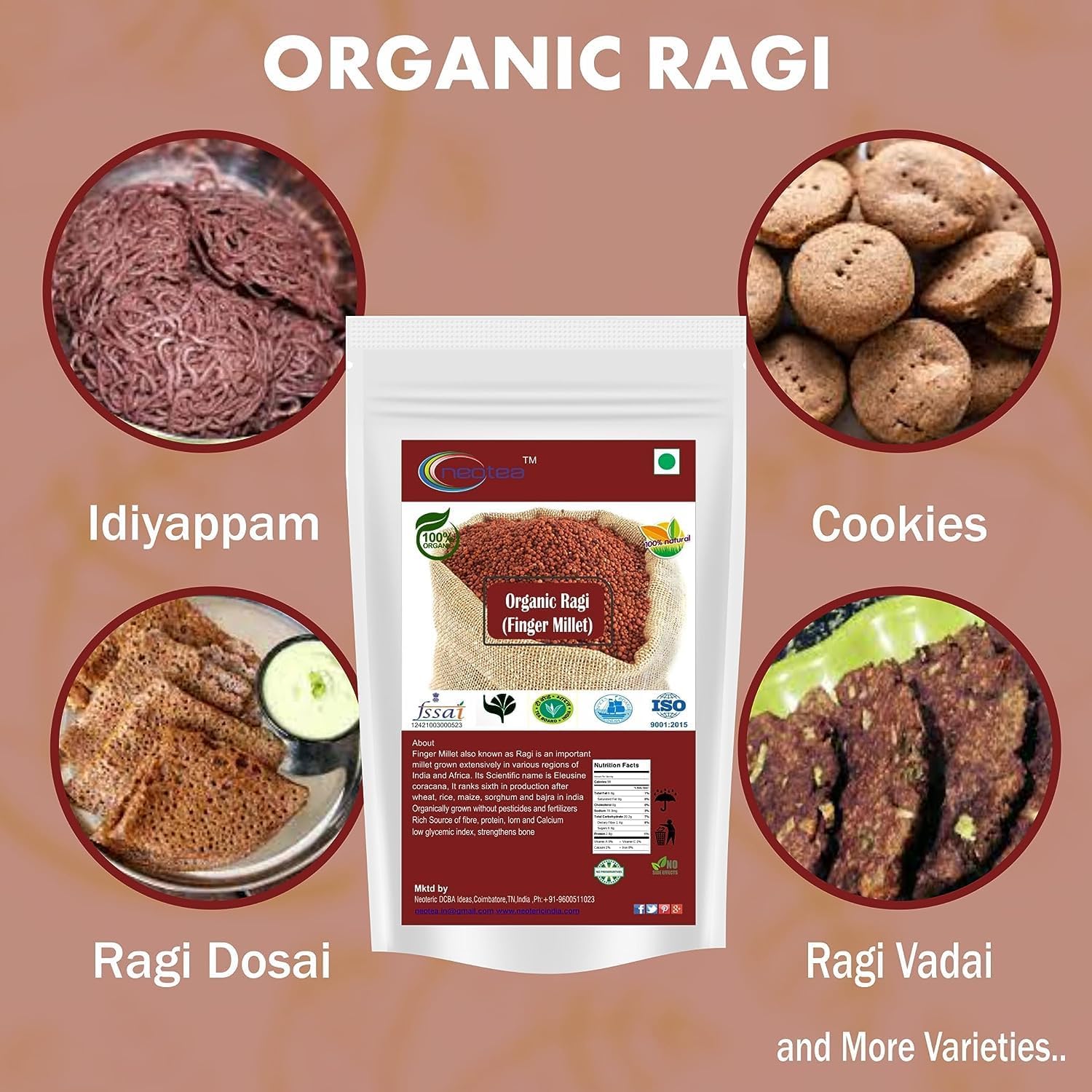 Neotea Organic Indian Finger Millet 500 GM (17.63 OZ) | Whole Grain Ragi Kelvaragu Nachni Ragulu Aariyam | Gluten-Free | Unpolished Red Millet | Hulled | Whole Grain Superfood