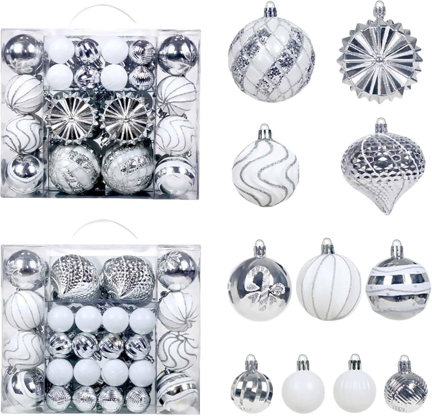 Ornamenti Palla di Natale Viola Set di 48 (Bianco argento a) | Multiforma, Decorazioni Albero, Colori Vivaci, Confezione Regalo, Vari Stili