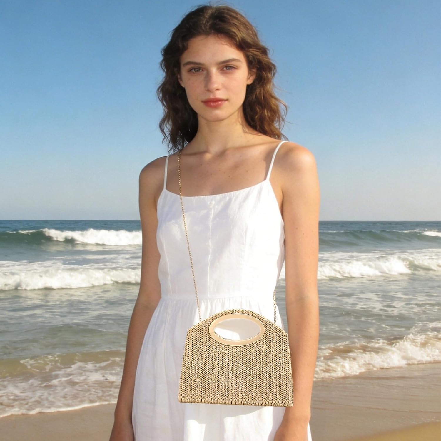 RNIEGA Straw Clutch Purses for Women Top Handle Evening Handbag Woven Crossbody Shoulder Bag for Summer Beach