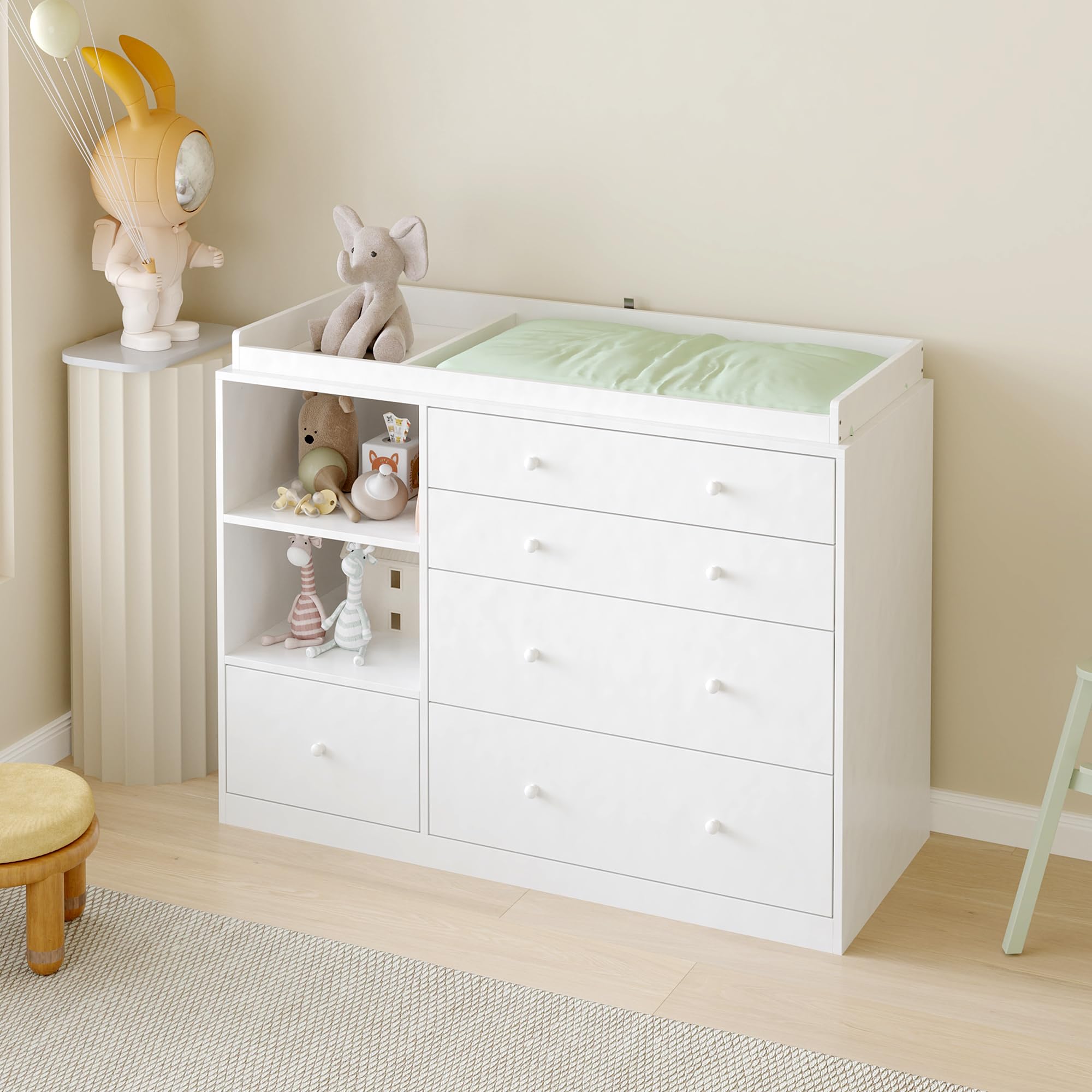 Caldion Commode à langer avec table à langer blanche, commode pour bébé avec 5 tiroirs et surface de rangement, commode de rangement pour chambre de bébé, 120 x 50 x 85 cm