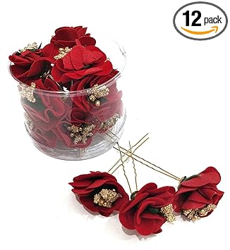 Baba fashions , Hair Flower Fancy Bun Metal Jura pins Pack Of 12 red Rose Hair Accessories/Fancy Juda Pins /Clips for Bun Decoration/Juda pins for Bridal Hair for Women and Girls Bobby U Shape Pins