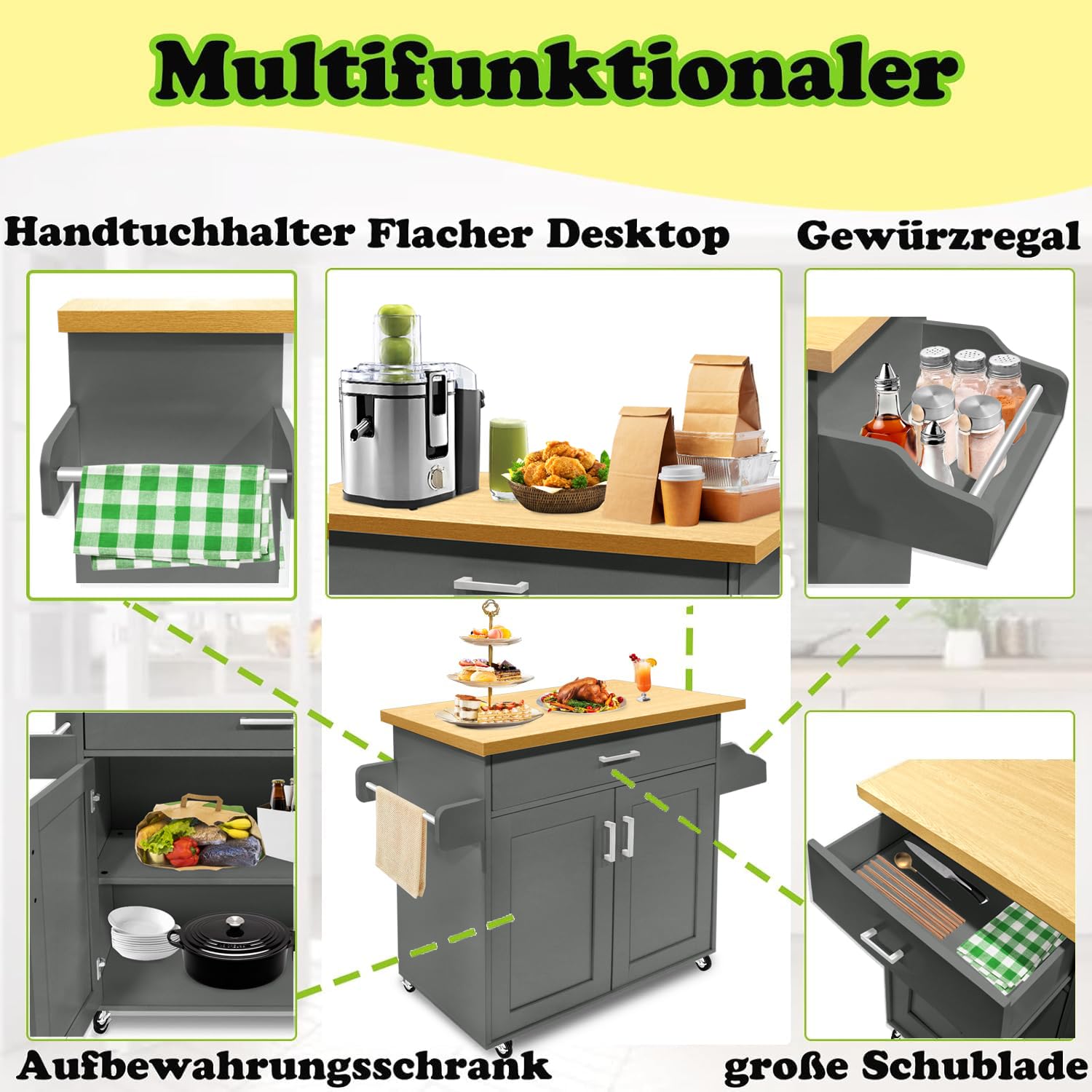 LZQ Küchenwagen Küchenschrank mit Arbeitsplatte Bewegliche Kücheninsel Küchen Wagen Rollbar, Rollwagen küche, servierwagen 115x36x90cm Grau