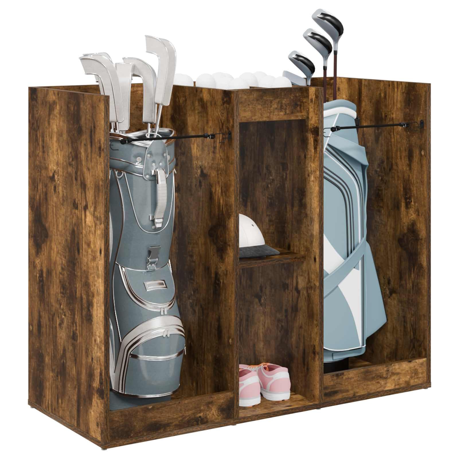 Gecheer Golf Schrank, Holz Schrank für Golfzubehör mit Regalen 102 x 45 x 85,5 cm in Geräucherte Eiche für Garage oder Wohnraum