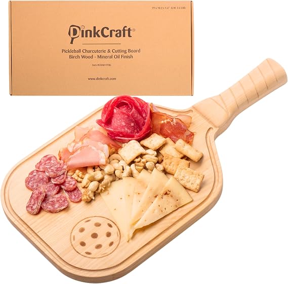 Pickleball Charcuterie & Cutting Board, Pickleball Gift, Partner Size - 17 x 8.5 x 0.75, Birch Wood, Paddle Shape with Handle, Mineral Oil Finish