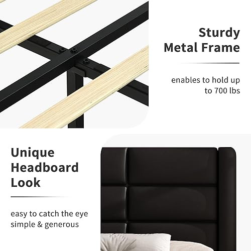 Miniatura 5 de Base de cama Queen con cabecero tapizado y luces LED, moderno marco de cama de piel sintética con soporte de listones de madera y base de colchón