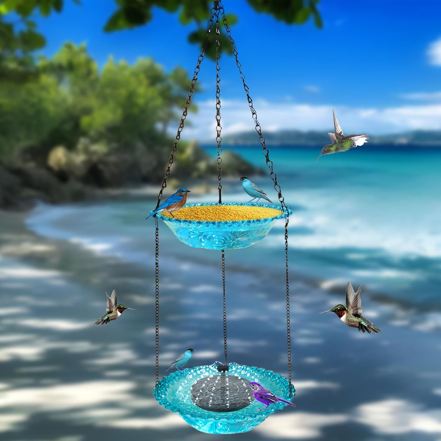 Birdbath, Hanging Bird Bath with Solar Fountain, Double Layer Bird Feeder Bowl for Outdoor Garden Lawn Yard Porch