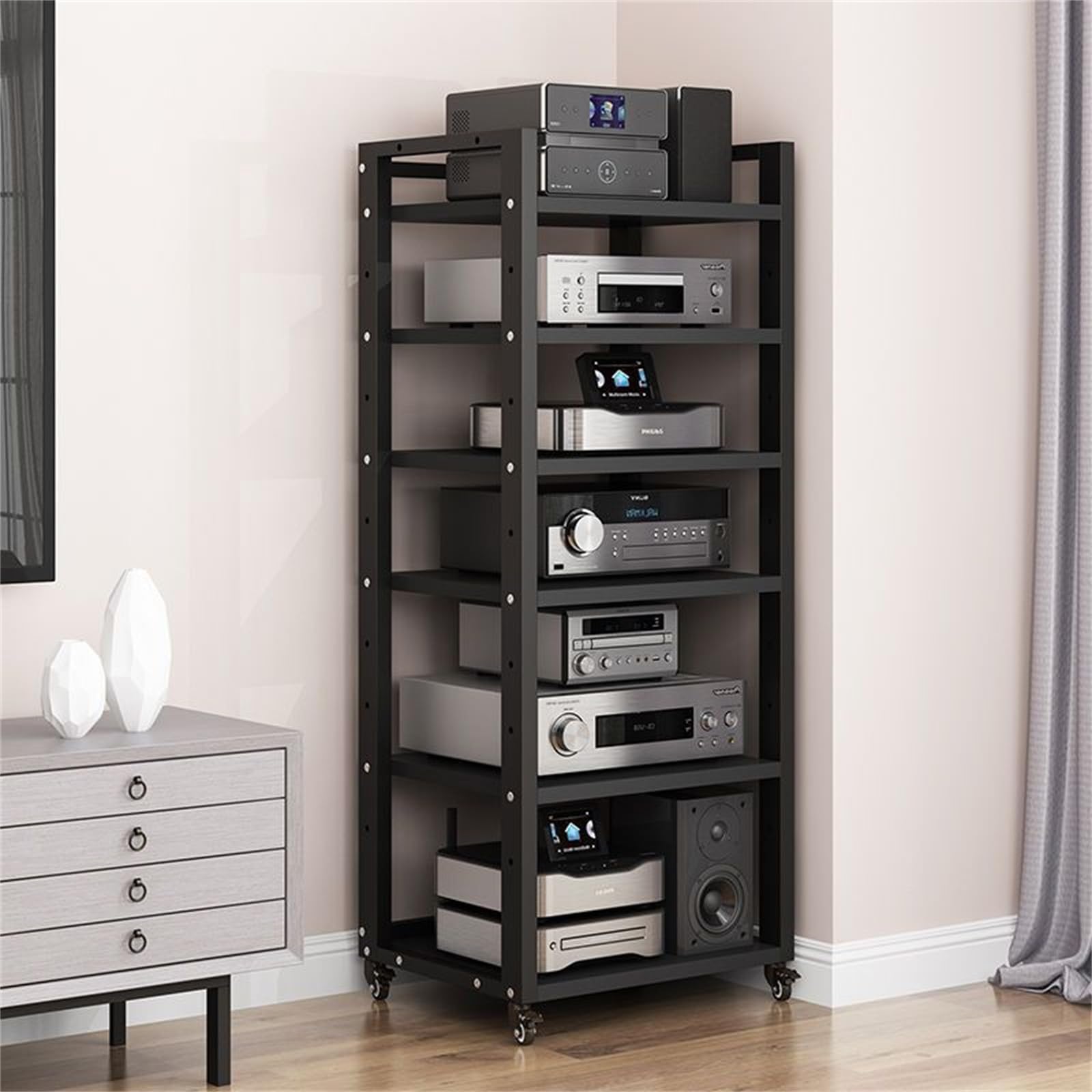 Torre de CD y estante de audio ajustable de 6 niveles ideal para modernizar tu salón u oficina
