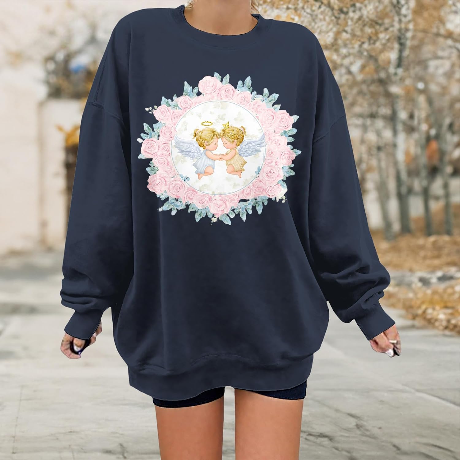 Women's Spring/Autumn Plant/Flower Fun Artistic Graphic Print Sweatshirt Oversized Long Sleeve Round Neck Pullover - Image 3