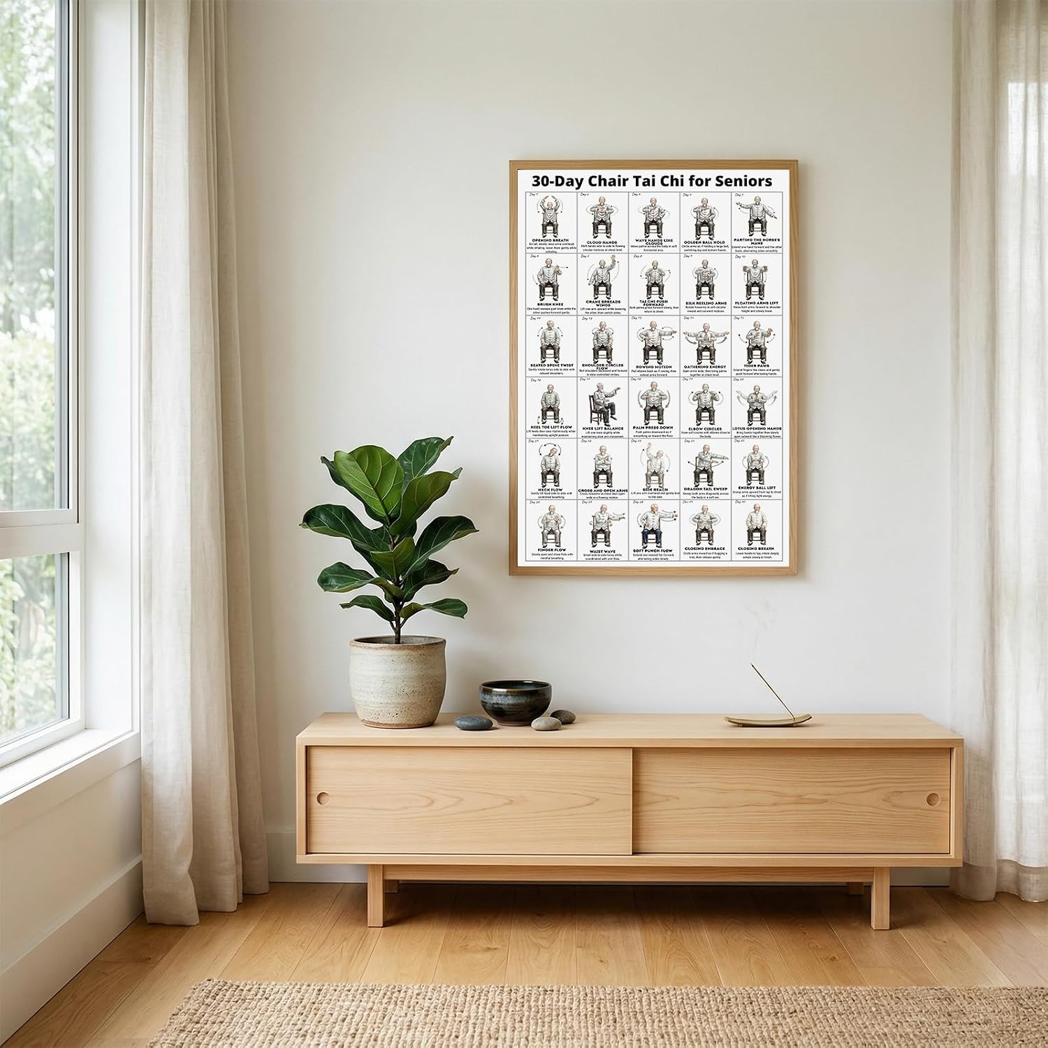 Tai Chi Chair Workout Chart for Seniors Seated Exercises Guide Canvas Wall Art Sitting Tai Chi Routine Poster for Home Gym Living Room Decor Low Impact Mindful Movement for Beginners Elderly (A, 24"L x 16"W)
