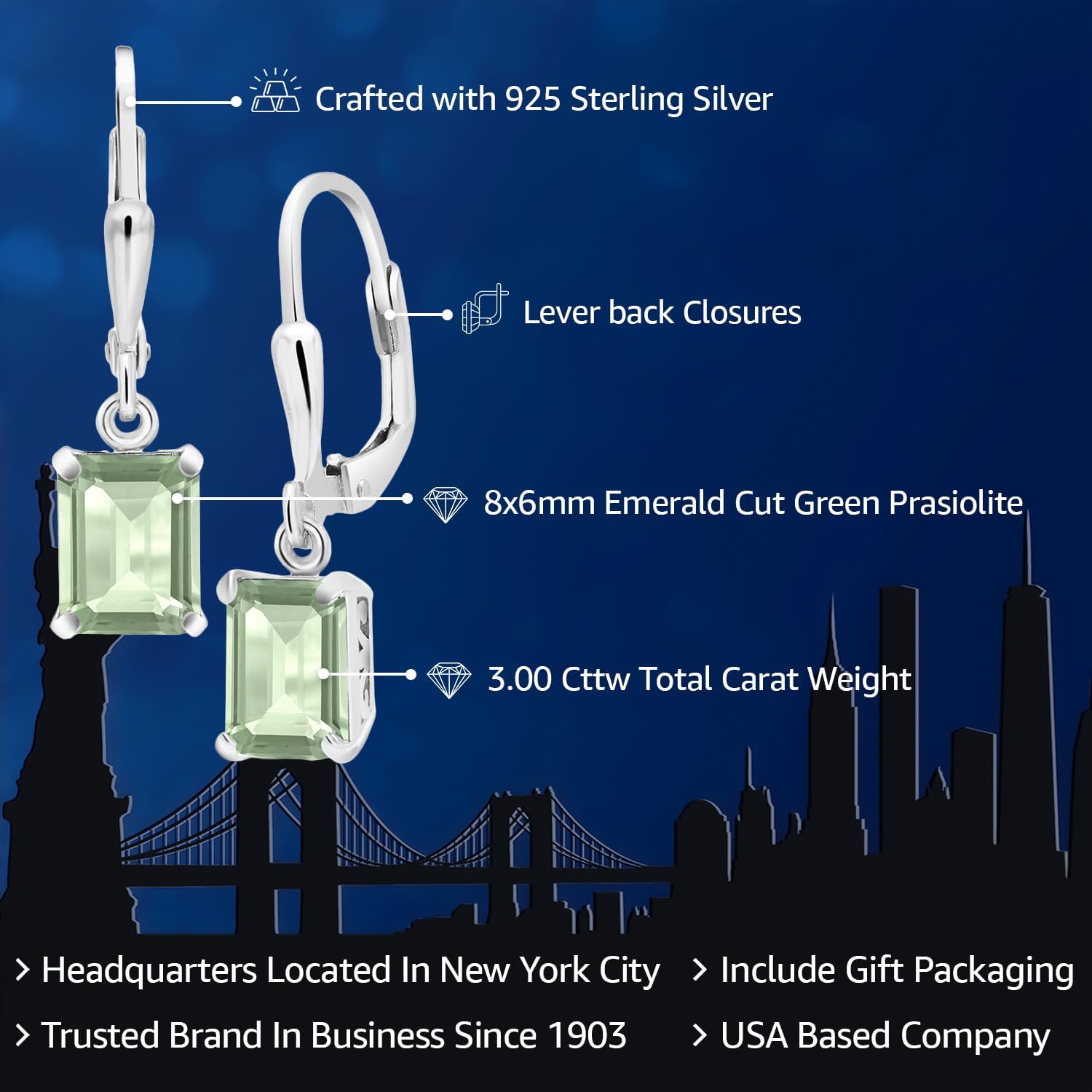 Gem Stone King Leverback Drop Dangle Earrings For Women | 8X6MM Emerald Cut Gemstone Birthstone | 925 Sterling Silver | Fine Jewelry Gifts for Women Her Mom Wife