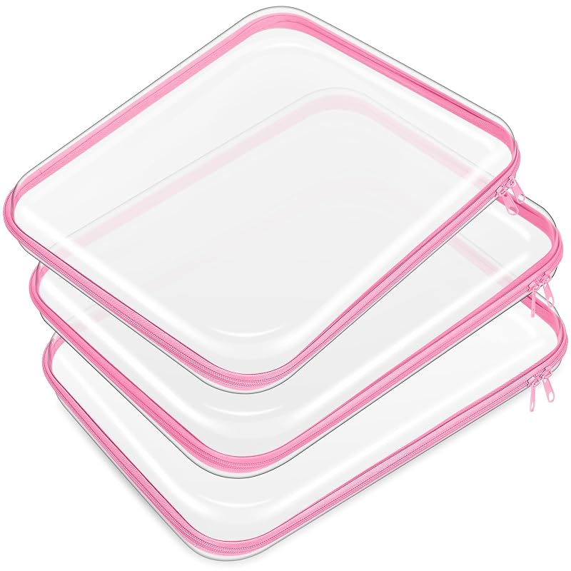 Hoolerry Estojos de Viagem com Zíper, Plástico Transparente, Rosa, L, Pacote com 3