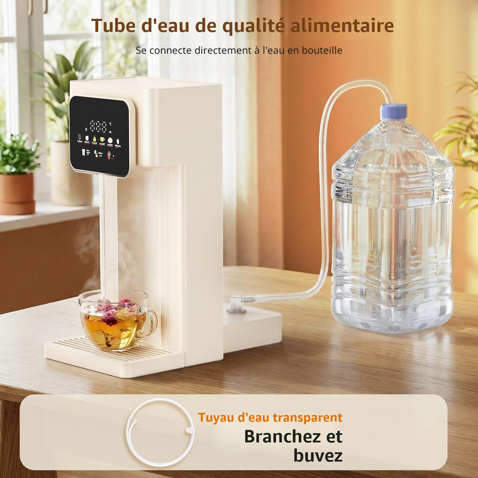 Distributeur d’eau chaude avec filtre, réservoir de 3 L, 12 niveaux de température (25–99°C) et 8 volumes d’eau (150–500ml), écran tactile LED et Le lien avec l'eau en bouteille, pour maison, bureau